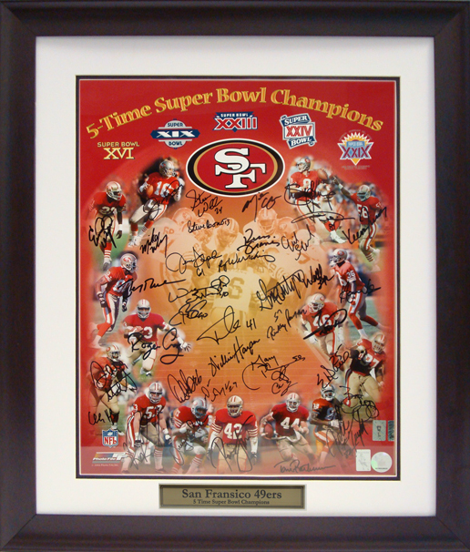 49ers Five Time Superbowl Champions Autographed Photograph Including a 16'  x 20' Photograph and Engraved Name on Mat in a 22' x 26' Deluxe Frame