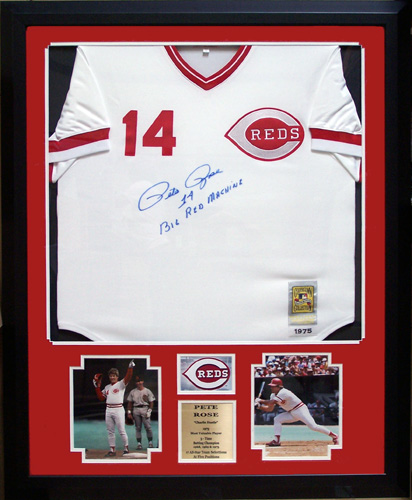 Pete Rose Autographed Cincinnati Reds Cooperstown Collection Jersey  Including Two 8 x 10 Photograph and Jersey in a 36 x 44 Deluxe Frame  Shadow Box